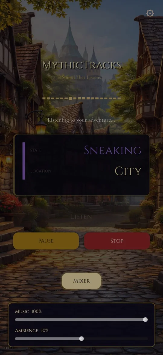 MythicTracks showing state Sneaking, location City, with the Music and Ambience mixer open.