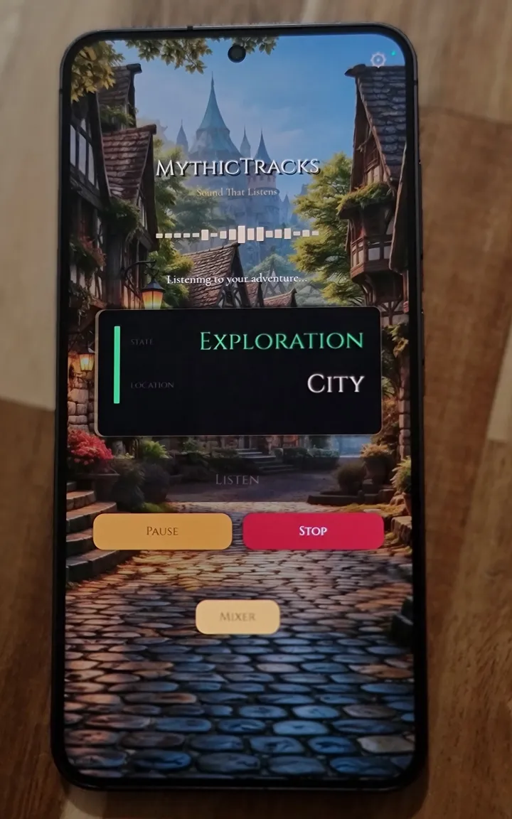 A phone lying on a wooden table running MythicTracks mid-session. The app shows state Exploration, location City.